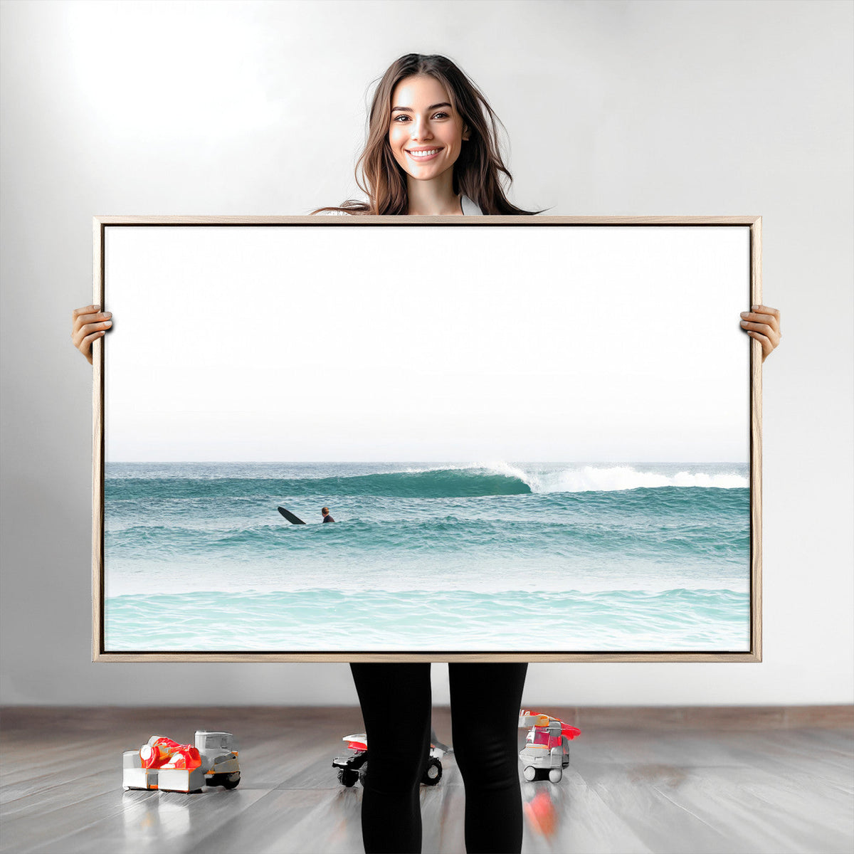Surfing Wall Art Canvas Print, Framed Minimalist Ocean Waves Beach Art