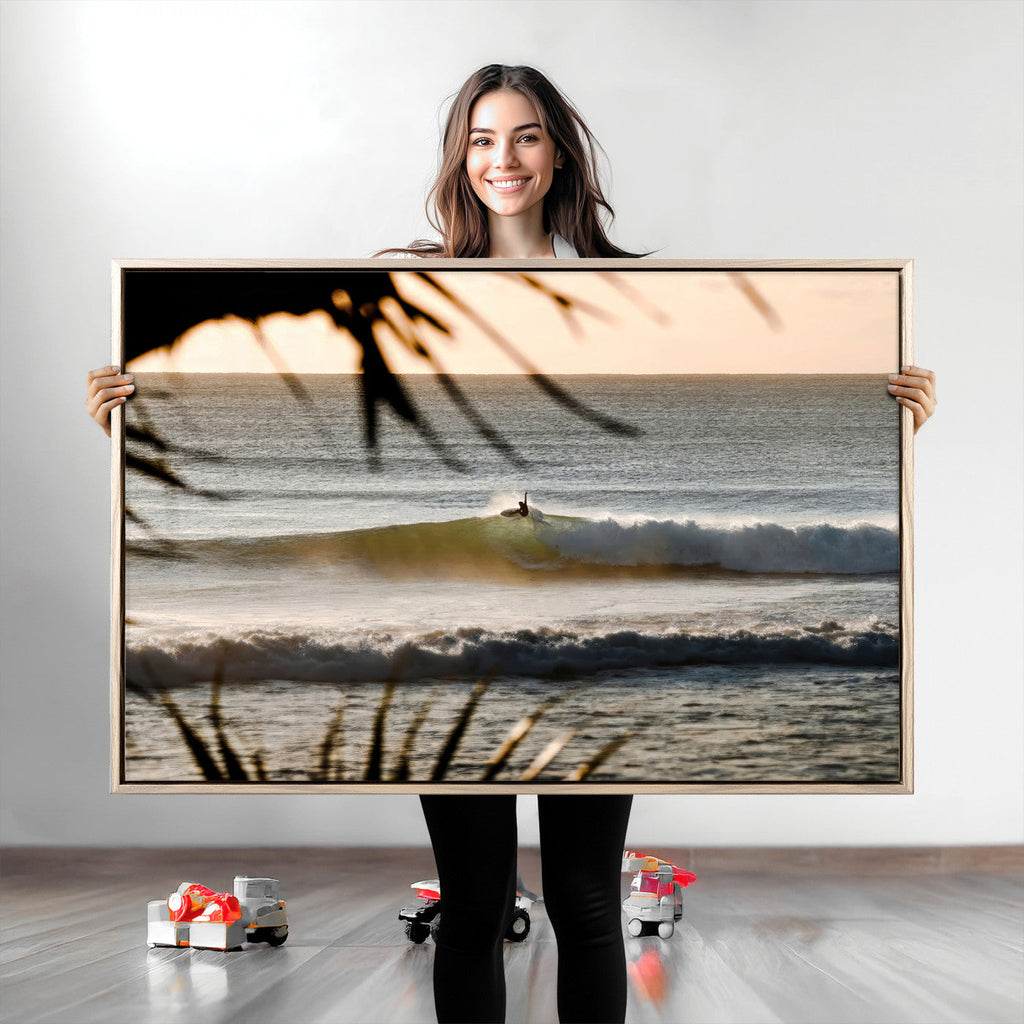 Sunset Surf Wall Art Canvas Print, Framed Golden Hour Waves Boho Beach Art