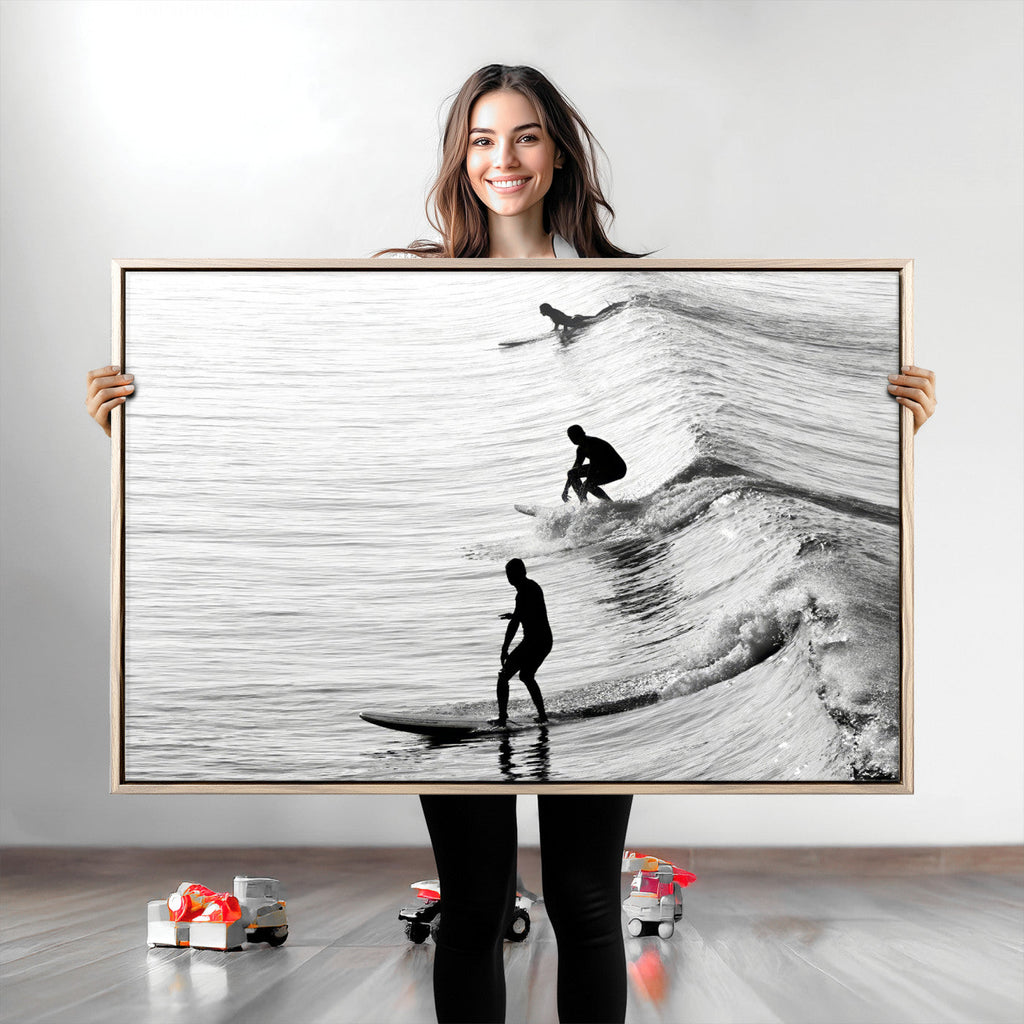 Surfers on Waves Wall Art Canvas Print | Framed Black and White Surf