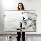 Surfers on Waves Wall Art Canvas Print | Framed Black and White Surf