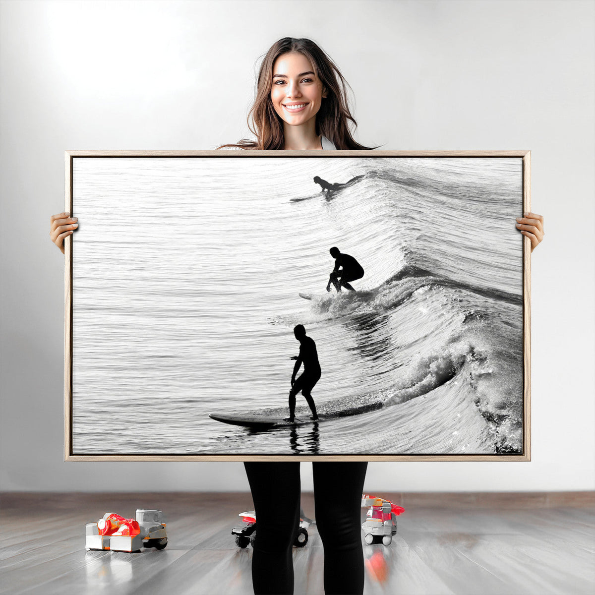 Surfers on Waves Wall Art Canvas Print | Framed Black and White Surf