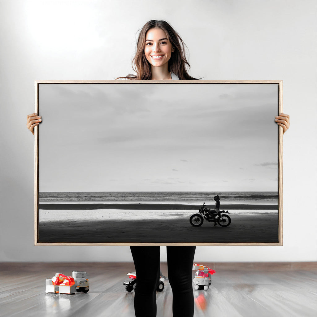 Motorcycle Beach Wall Art Canvas Print, Framed Vintage Biker Silhouette Artwork