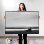Motorcycle Beach Wall Art Canvas Print, Framed Vintage Biker Silhouette Artwork