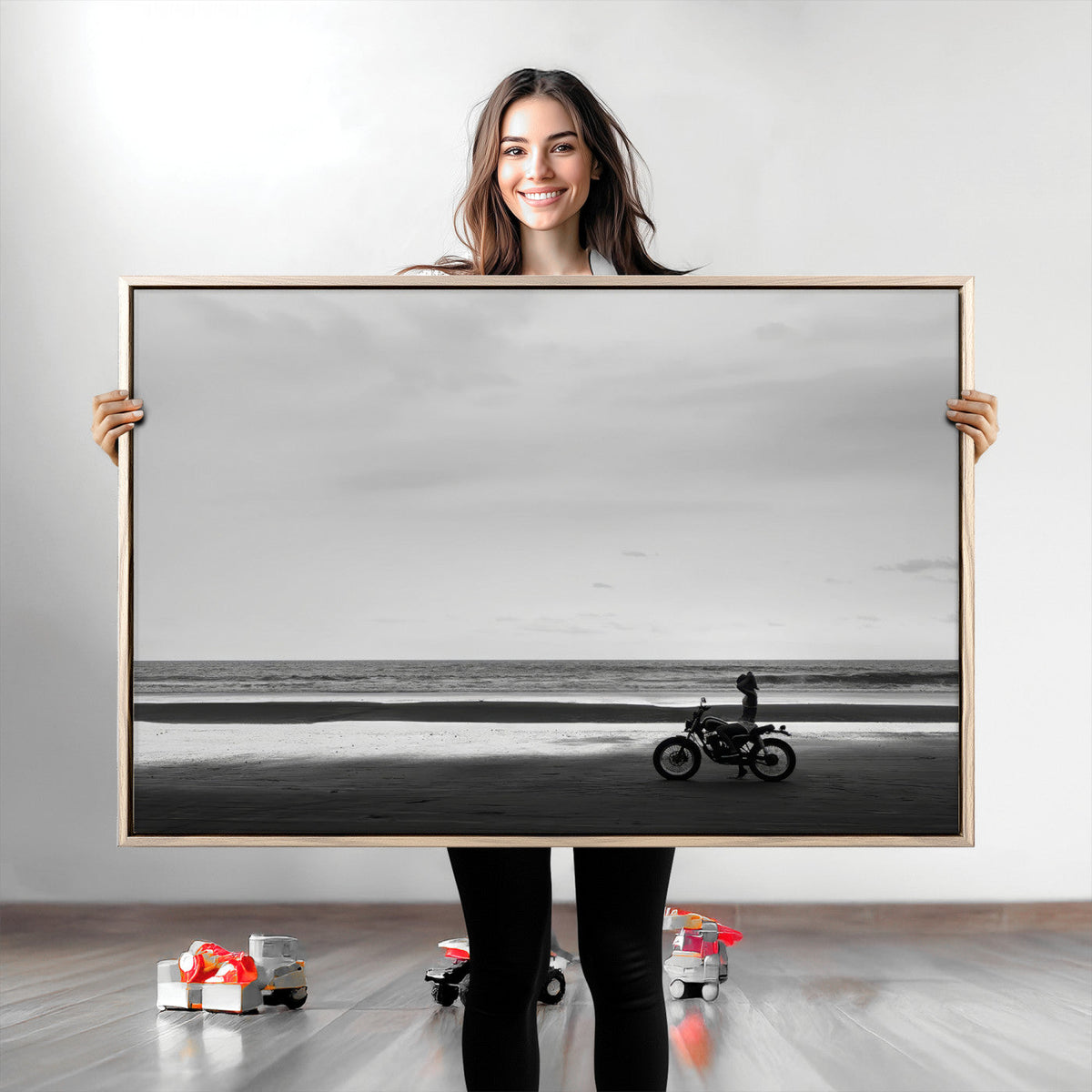 Motorcycle Beach Wall Art Canvas Print, Framed Vintage Biker Silhouette Artwork