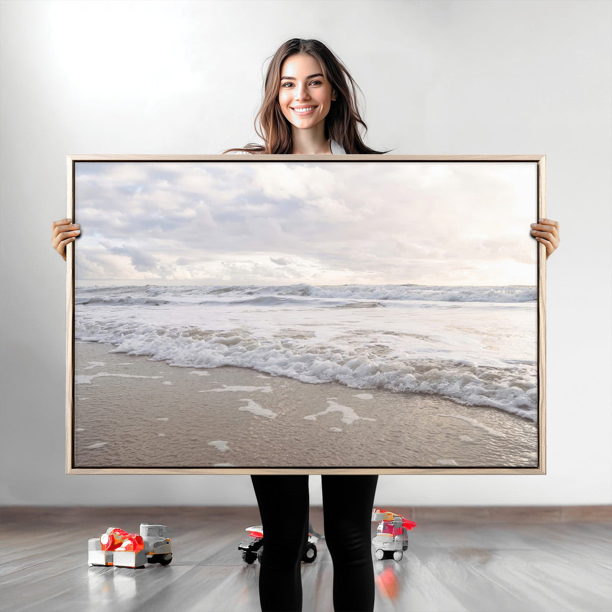 Ocean Waves Wall Art Canvas Print, Framed Coastal Shoreline Sea Foam Artwork