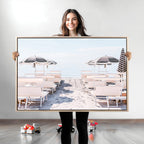 Minimalist Beach Wall Art Canvas Print, Framed Pastel Sand and Striped Umbrella Artwork