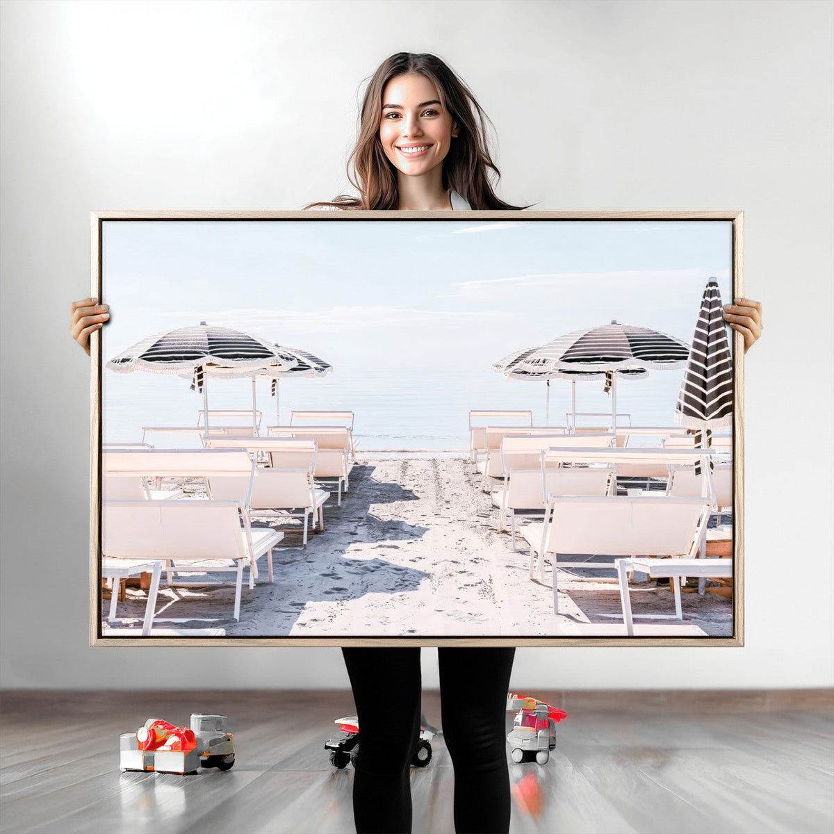 Minimalist Beach Wall Art Canvas Print, Framed Pastel Sand and Striped Umbrella Artwork