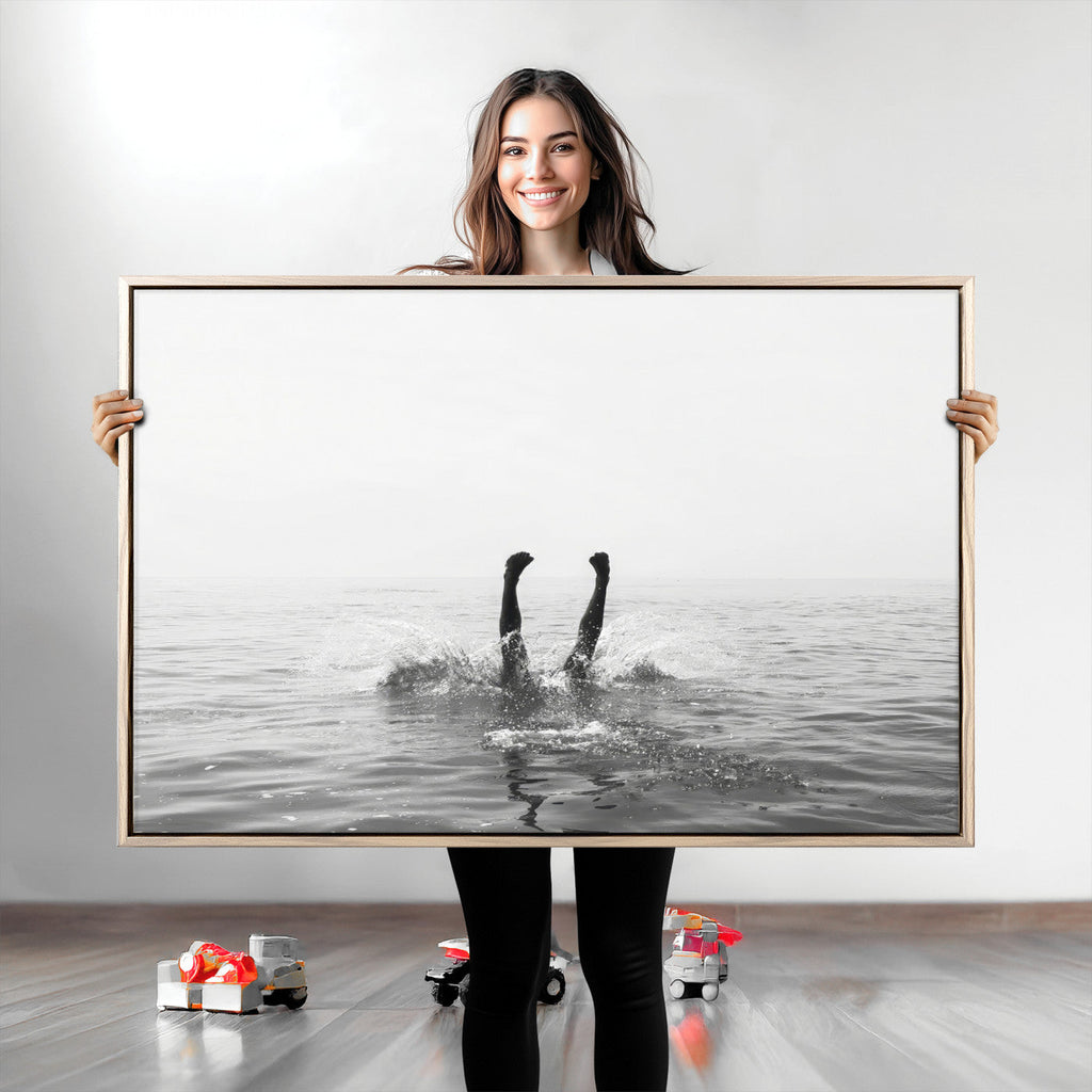 Black White Ocean Wall Art Canvas Print, Framed Monochrome Diving into Water Artwork