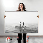 Black White Ocean Wall Art Canvas Print, Framed Monochrome Diving into Water Artwork