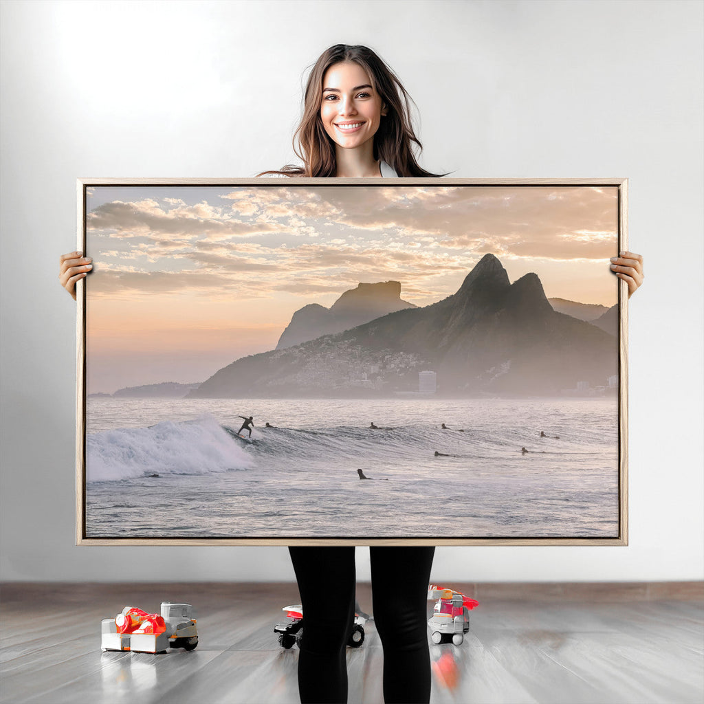 Sunset Surfing Wall Art Canvas Print, Framed Misty Mountains and Surfer Riding a Wave