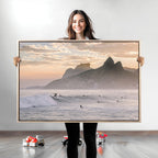 Sunset Surfing Wall Art Canvas Print, Framed Misty Mountains and Surfer Riding a Wave