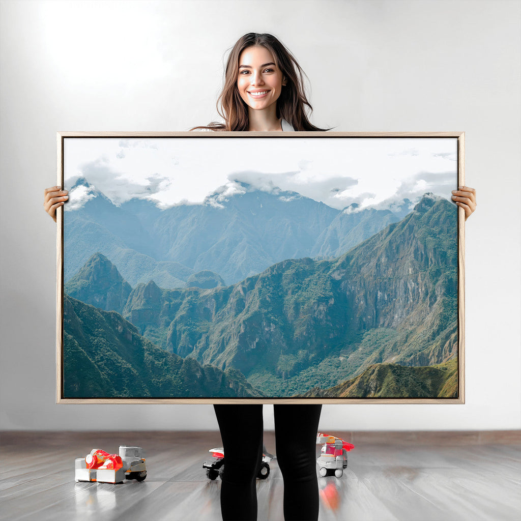Misty Mountain Wall Art Canvas Print, Framed Cloudy Andean Art, Rugged Mountain Landscape