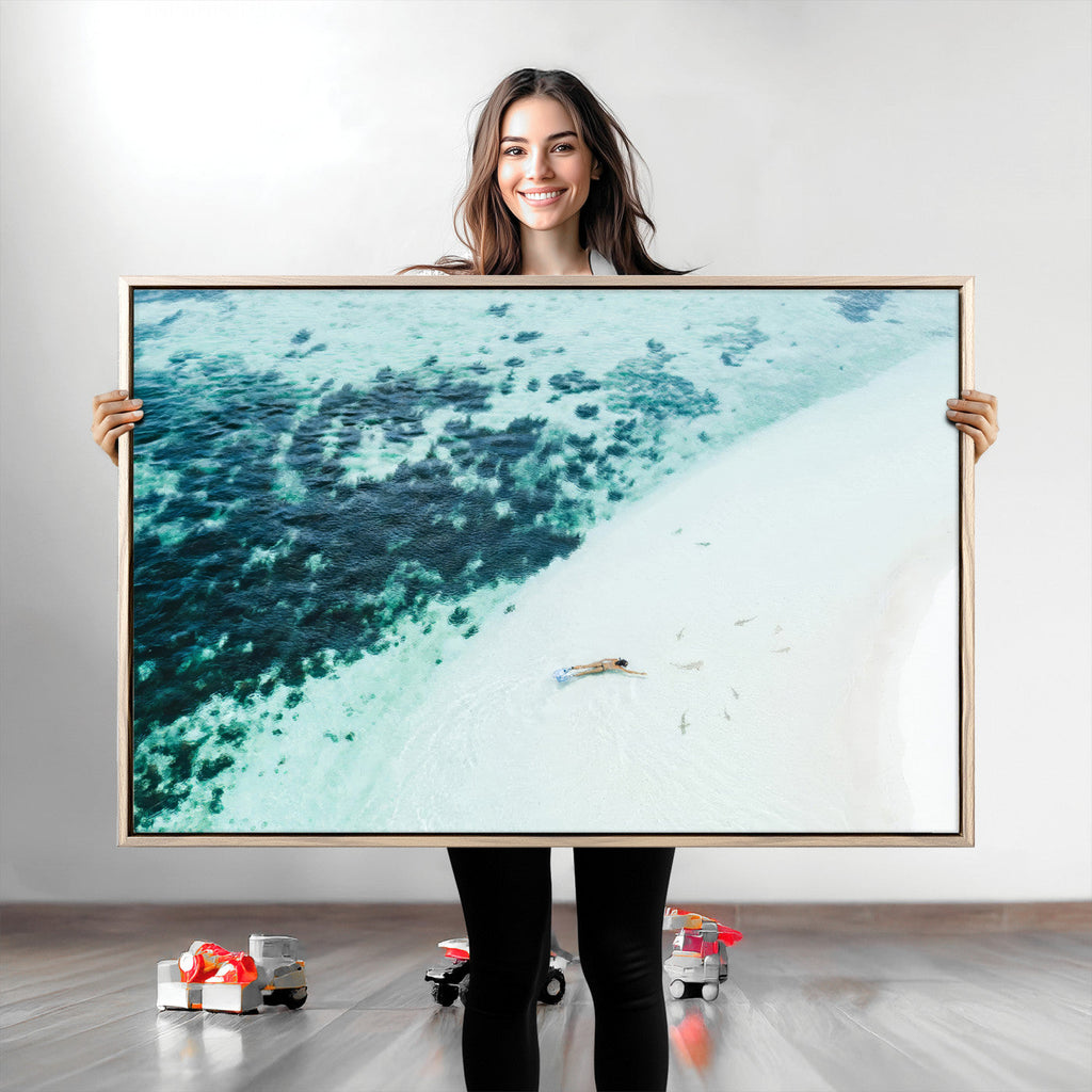 Minimal Beach Wall Art Canvas Print, Framed Ocean Swimming Art, Clear Ocean Decor