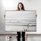 Surfer Silhouette Wall Art, Framed Calm Ocean Monochrome Surf Canvas Print