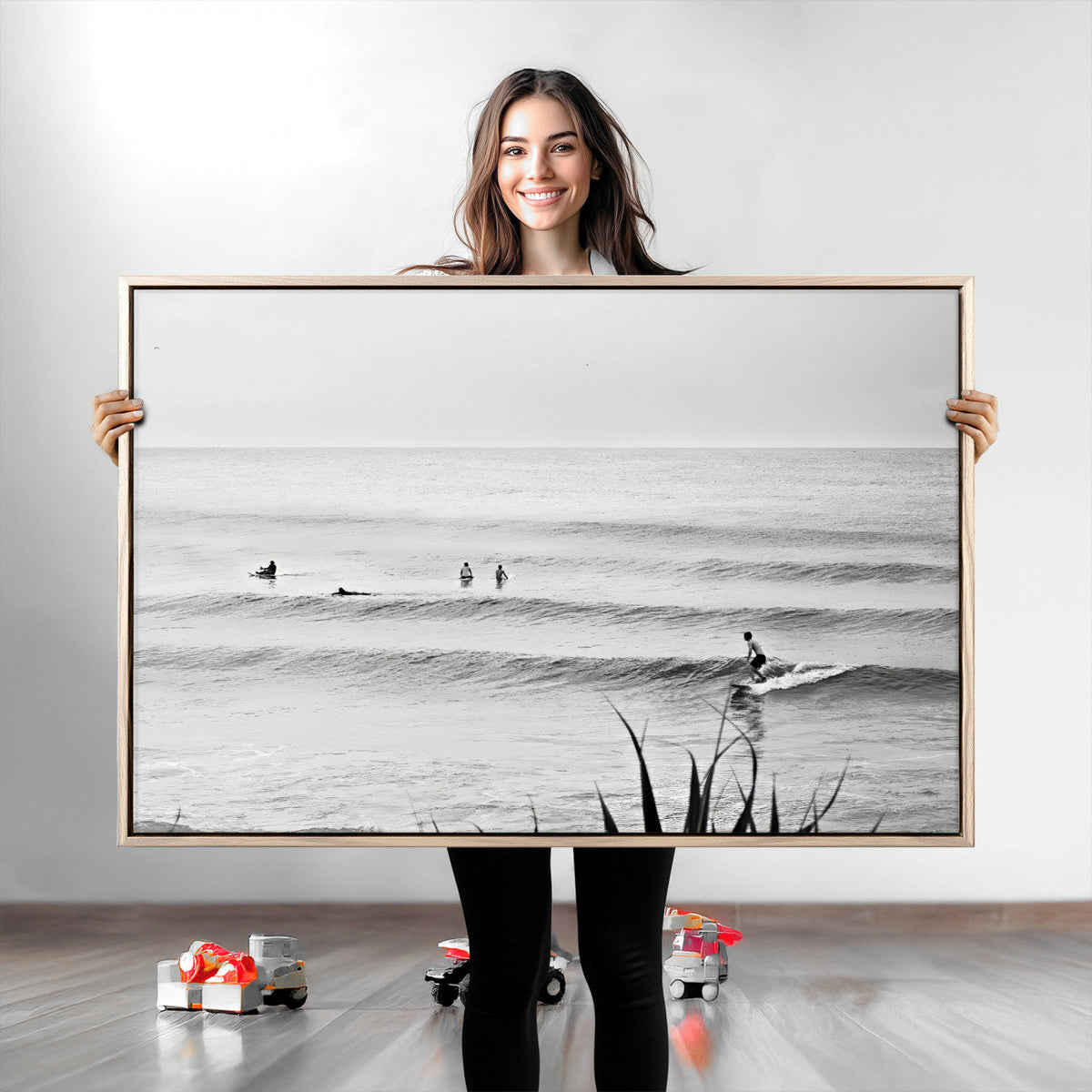Surfer Silhouette Wall Art, Framed Calm Ocean Monochrome Surf Canvas Print