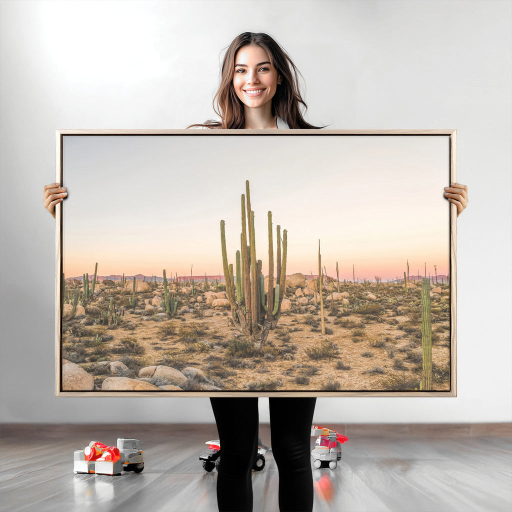Desert Cactus Wall Art Canvas Print, Framed Baja Desert Art, Pastel Southwestern Decor