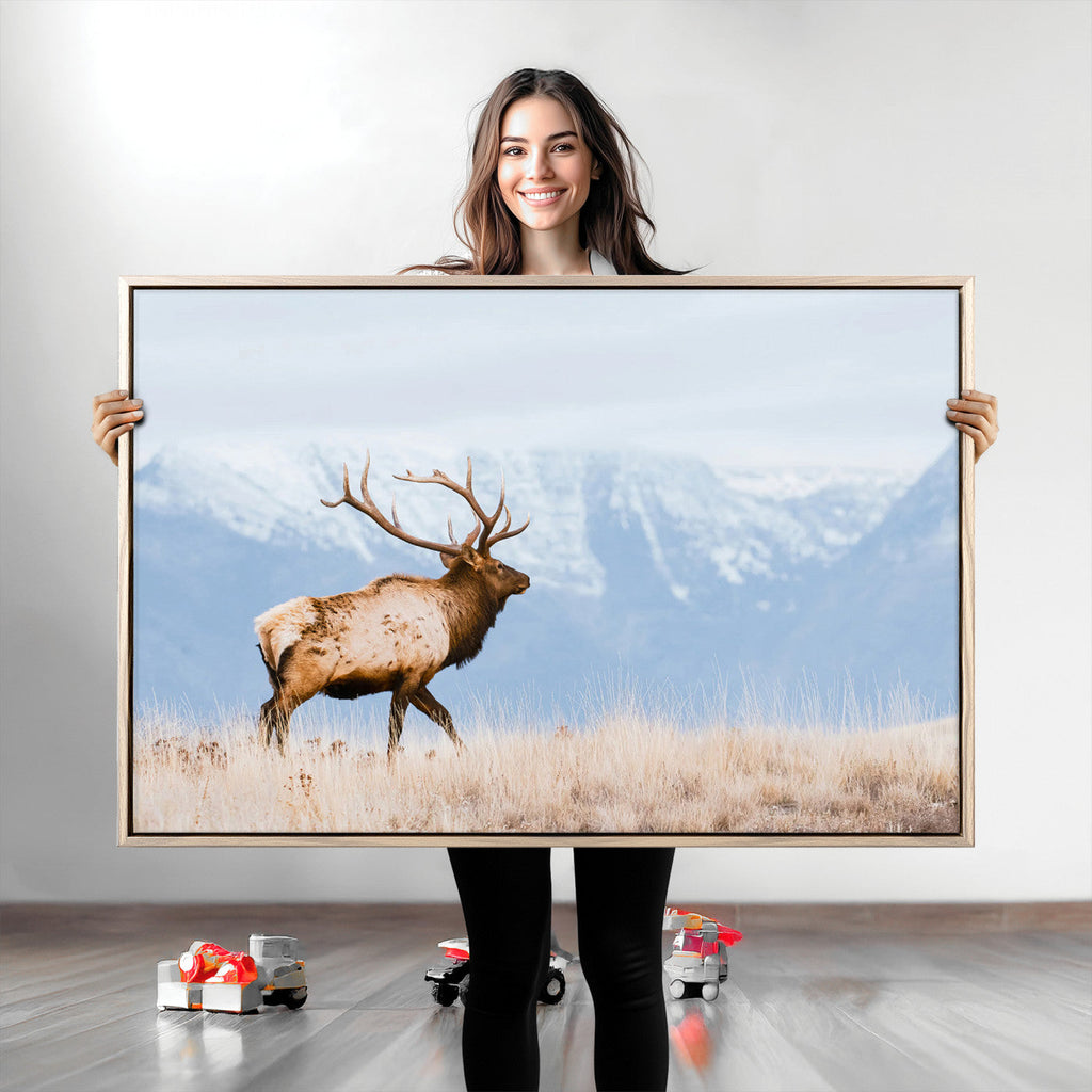 Elk Photography Wall Art Canvas Print, Framed Mountain Wildlife Art, Rustic Lodge Decor
