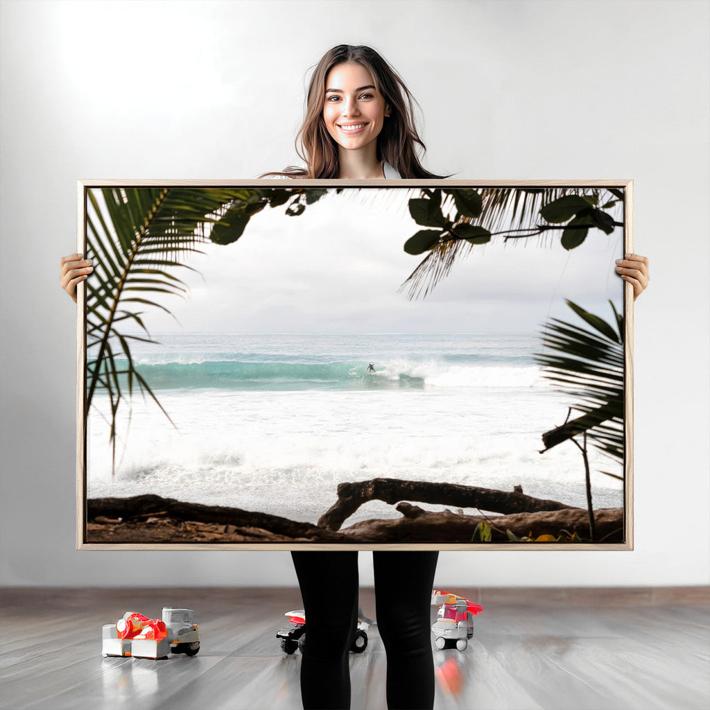 Tropical Surf Wall Art Canvas Print, Framed Palm Tree View Art, Boho Beach House Decor