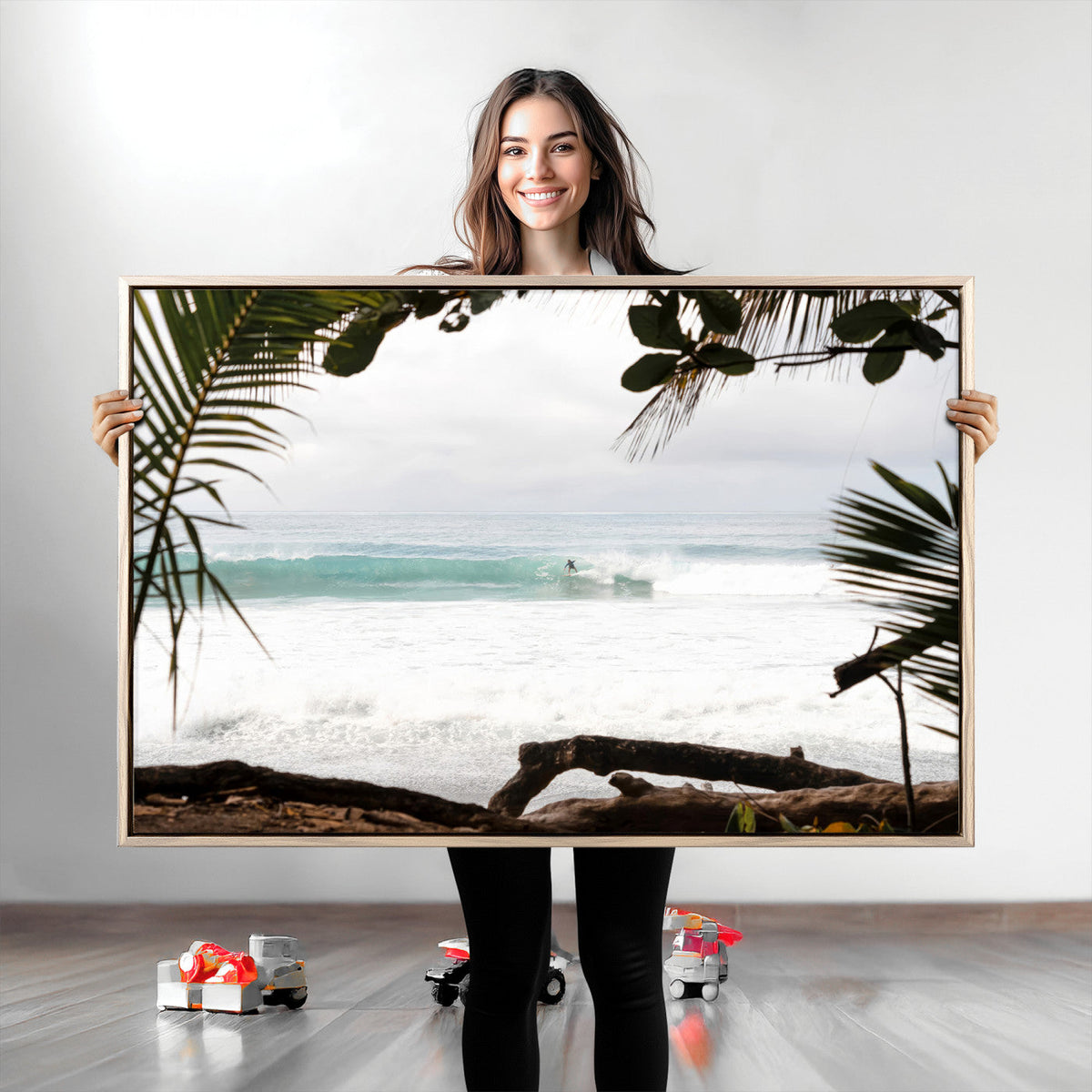 Tropical Surf Wall Art Canvas Print, Framed Palm Tree View Art, Boho Beach House Decor