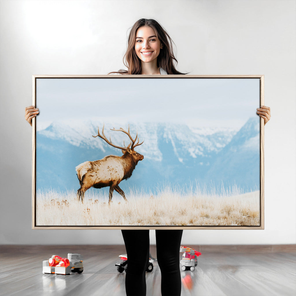 Mountain Elk Wall Art Canvas Print, Framed Rustic Wildlife Art, Lodge Style Decor