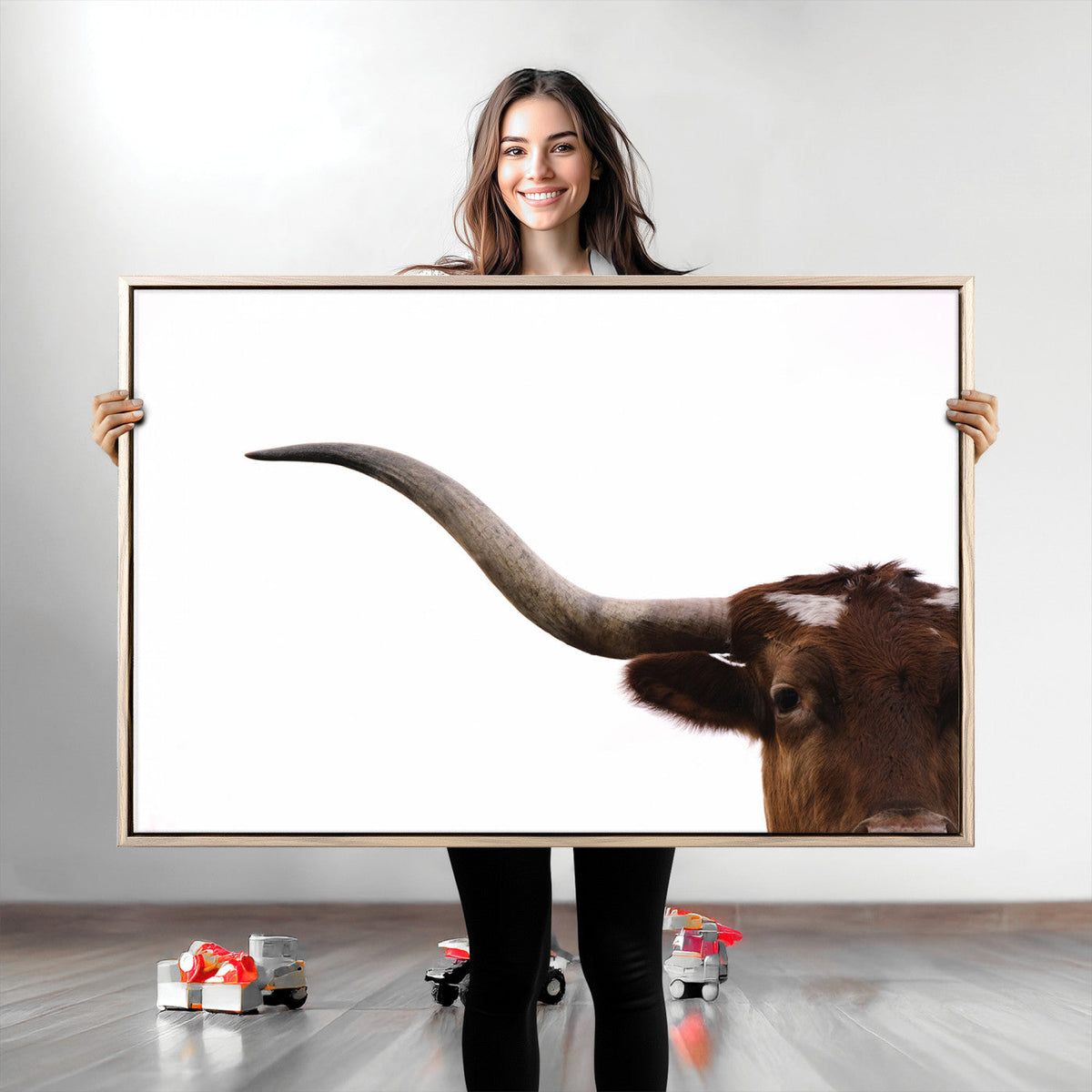 Texas Longhorn Wall Art Canvas Print, Framed Minimalist Cow Art, Ranch Style Decor