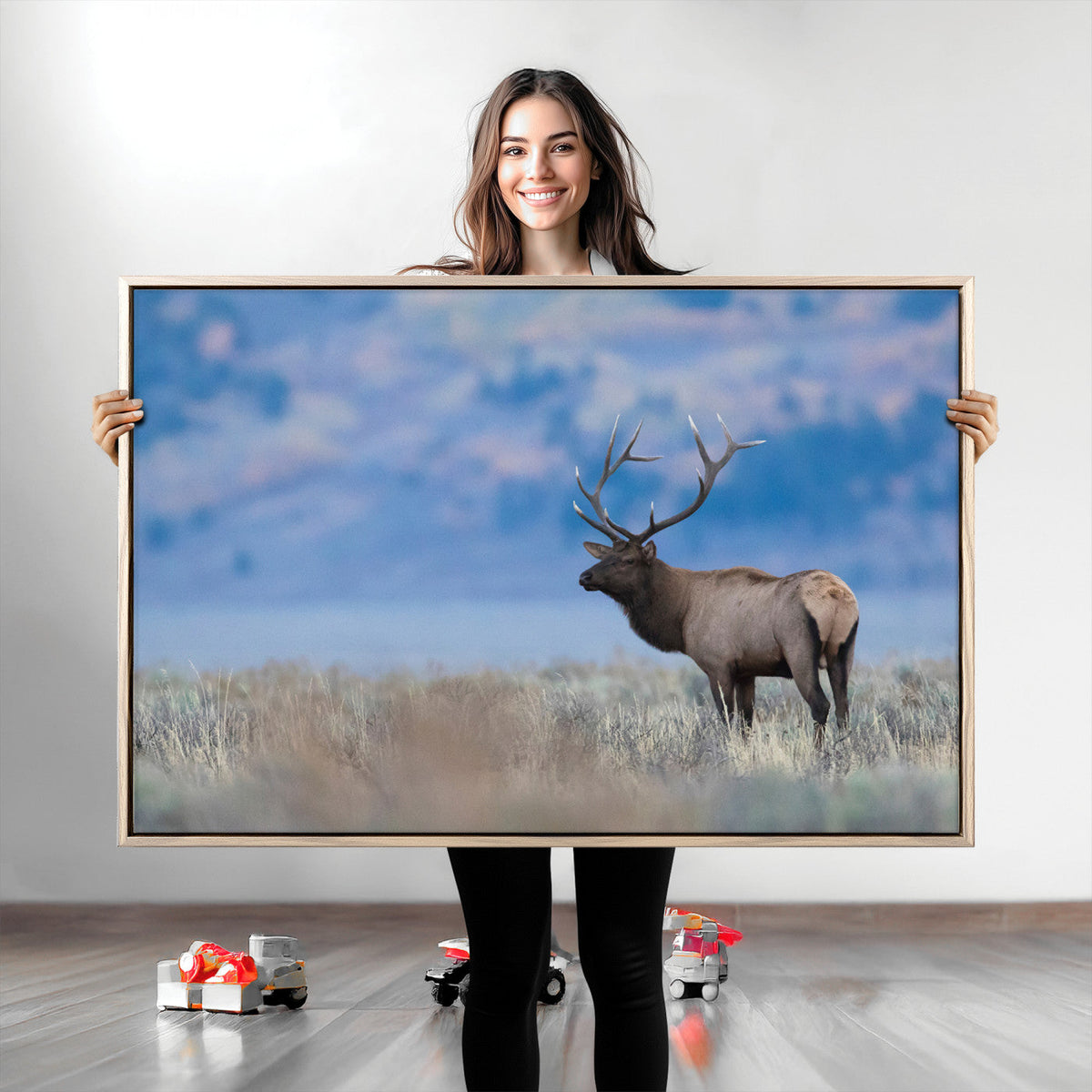 Elk Wall Decor Canvas Print, Framed Rustic Wildlife Art, Mountain Elk Landscape