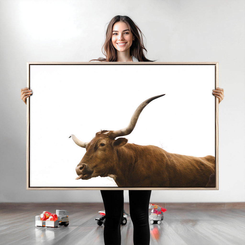 Longhorn Cow Wall Art Canvas Print, Framed Rustic Texas Bull Animal Decor