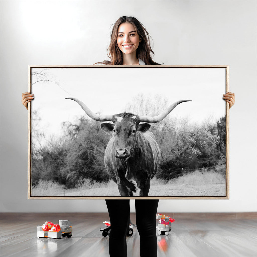 Longhorn Photography Wall Art Canvas Print, Framed Western Cow Texas Ranch Decor