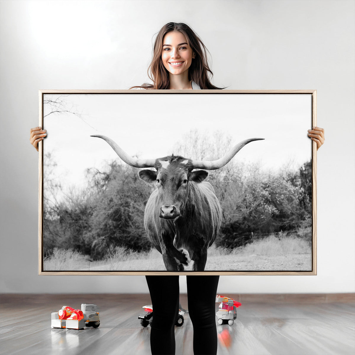 Longhorn Photography Wall Art Canvas Print, Framed Western Cow Texas Ranch Decor