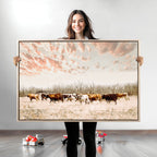 Country Cow Herd Wall Art Canvas Print, Framed Farmhouse Cattle Scene, Rustic Ranch Decor