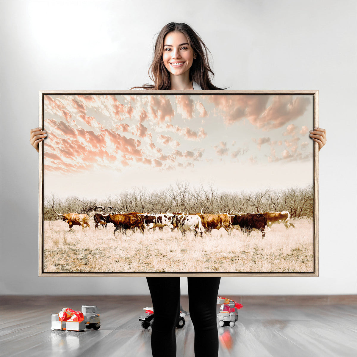 Country Cow Herd Wall Art Canvas Print, Framed Farmhouse Cattle Scene, Rustic Ranch Decor