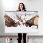 Elk Wall Art Canvas Print, Framed Wildlife Art, Snowy Forest Elk Rustic Lodge Decor