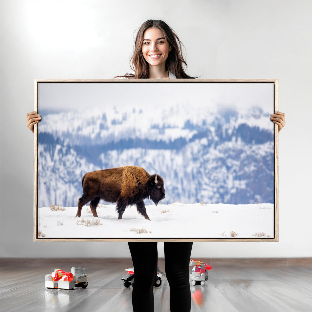 Bison Snow Wall Art Canvas Print, Framed Wildlife Scene, Western Ranch Style Decor