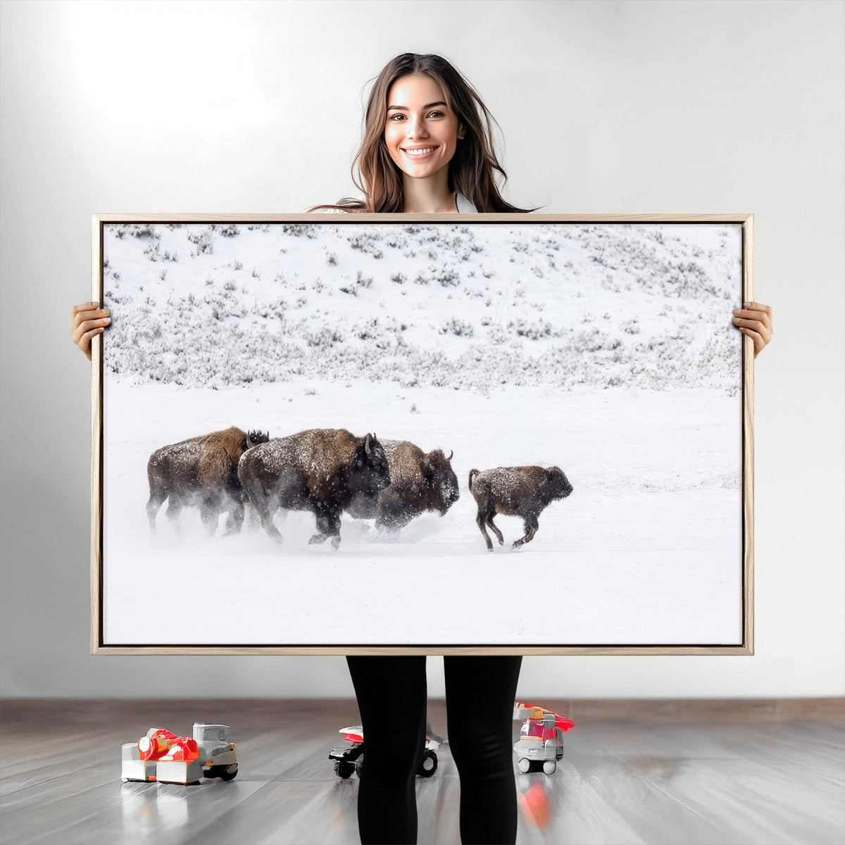 Bison Herd Wall Art Canvas Print, Framed Snowy Bison Scene, Winter Wildlife Decor