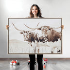 Longhorn Cow Wall Art Canvas Print, Framed Rustic Cattle Art, Sepia Western Decor