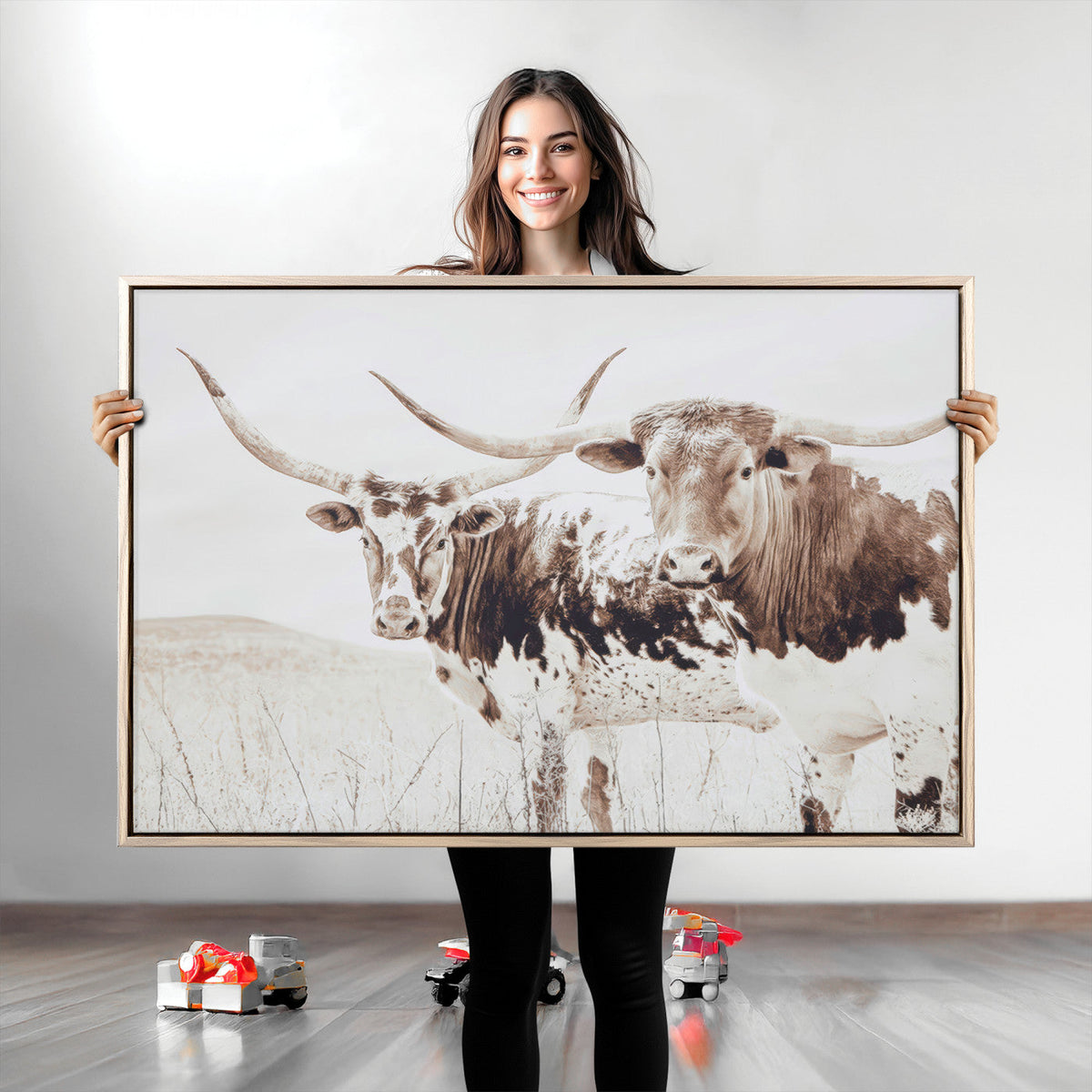 Longhorn Cow Wall Art Canvas Print, Framed Rustic Cattle Art, Sepia Western Decor