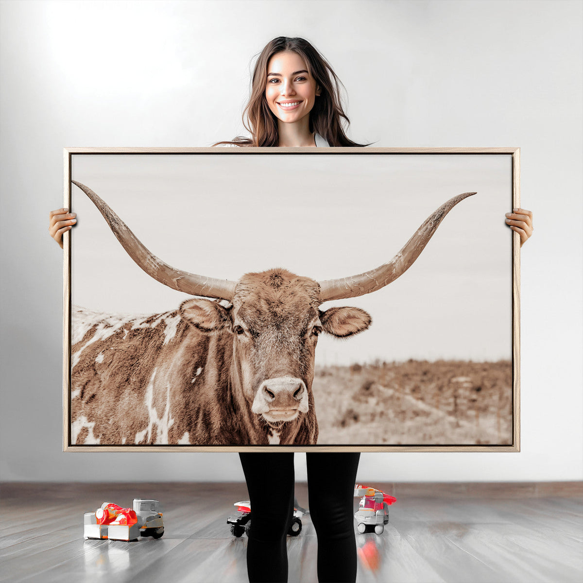 Longhorn Bull Wall Art Canvas Print, Framed Rustic Cow Decor, Neutral Farmhouse Style
