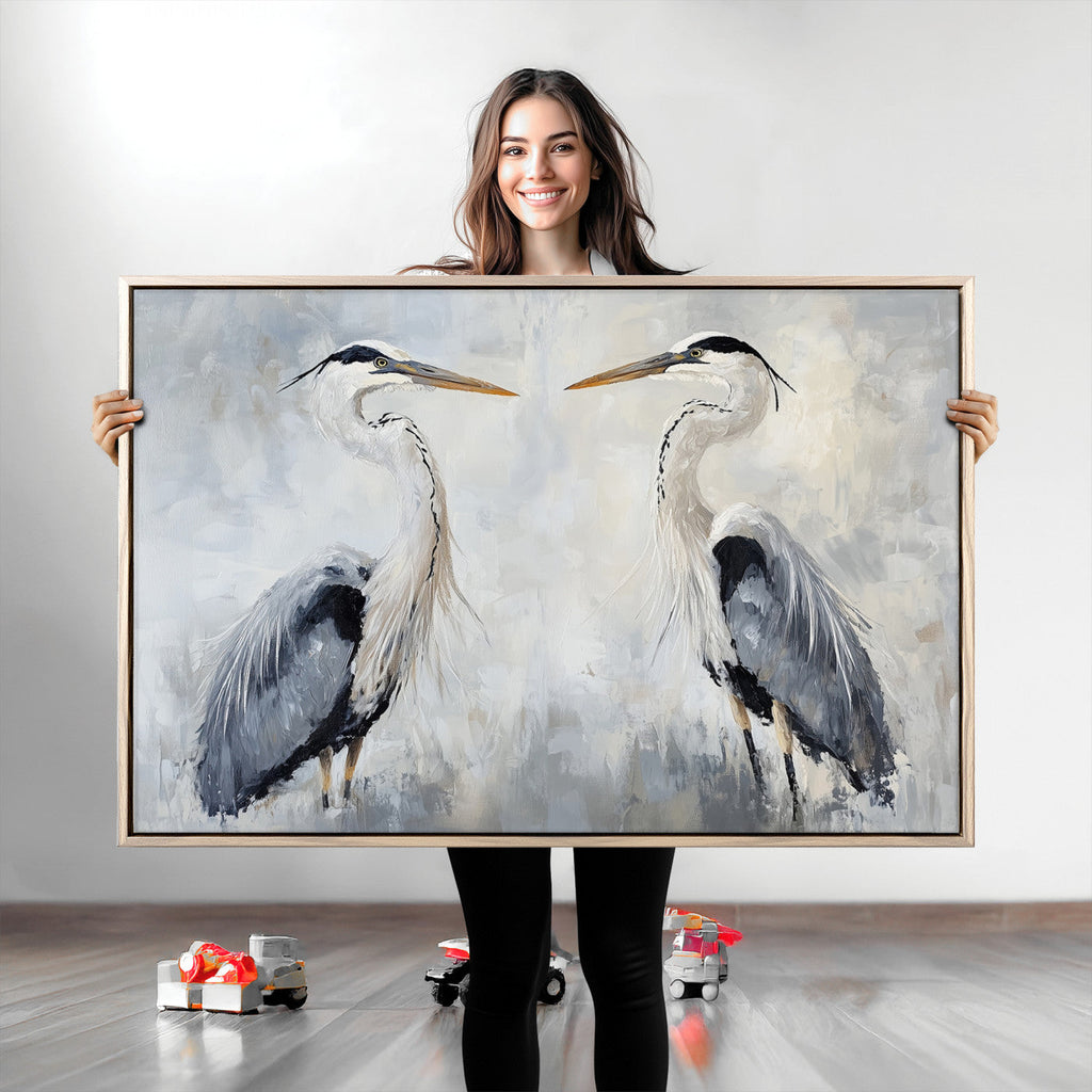 Heron Wall Art Canvas Print, Framed Bird Canvas Decor, Nature Inspired Coastal Art