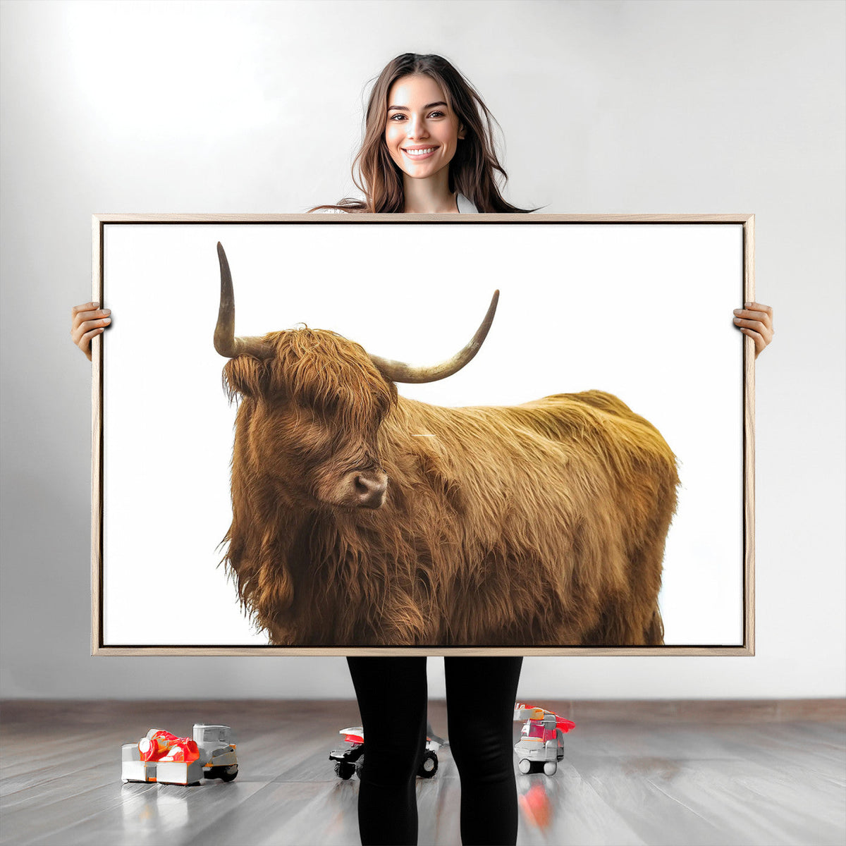 Highland Cow Wall Art Canvas Print, Framed Rustic Farmhouse Animal Portrait