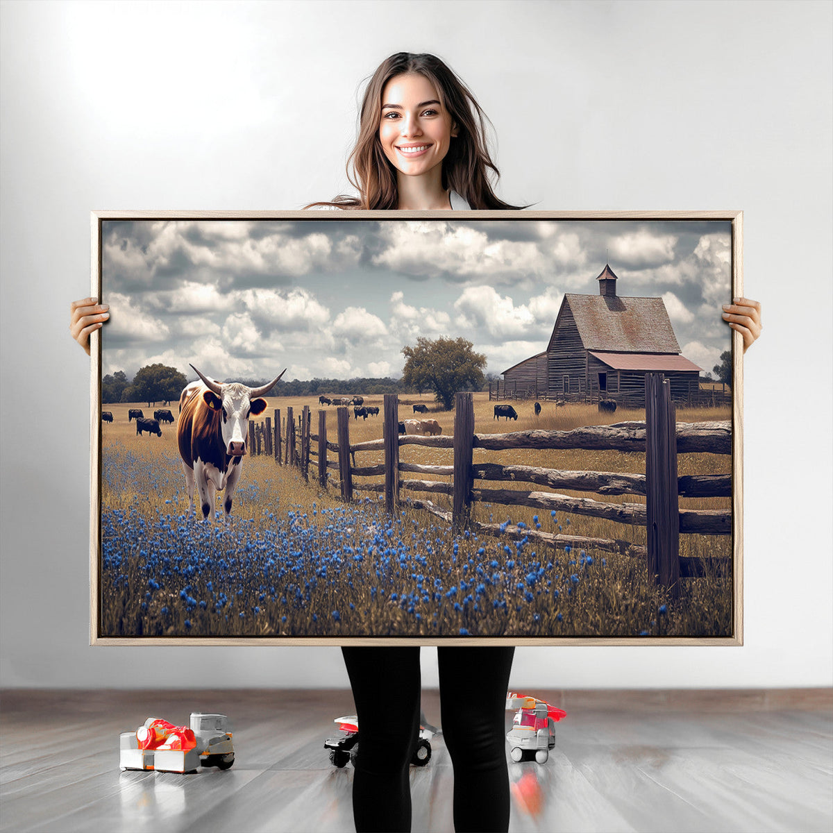 Texas Longhorn Canvas Wall Art Print, Framed Rustic Barn Farmhouse Decor