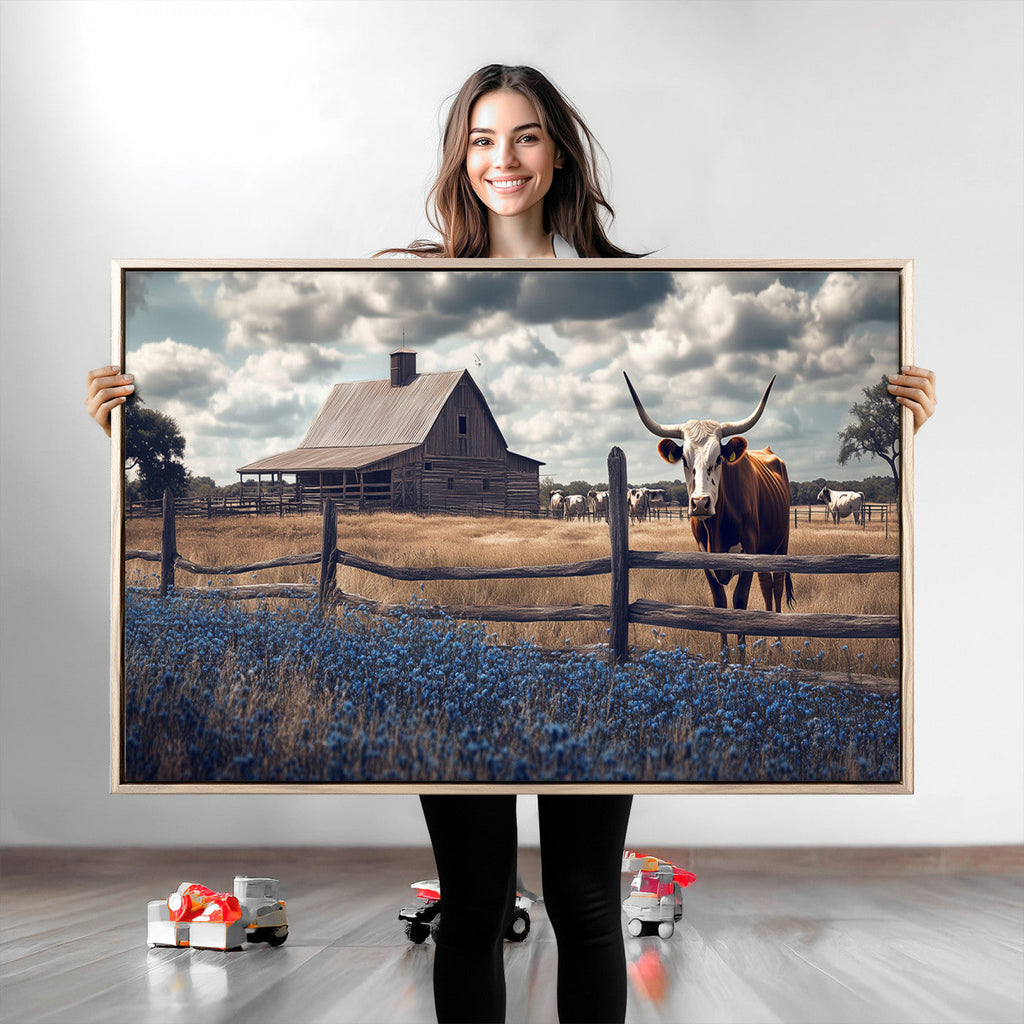 Texas Longhorn Wall Art Canvas Print, Framed Rustic Barn Art, Farmhouse Cow Decor