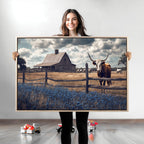 Texas Longhorn Wall Art Canvas Print, Framed Rustic Barn Art, Farmhouse Cow Decor