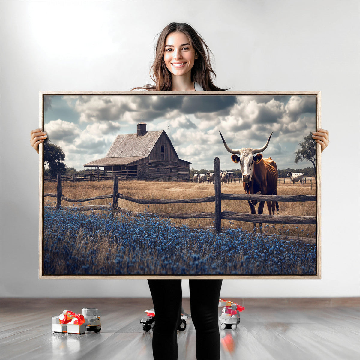 Texas Longhorn Wall Art Canvas Print, Framed Rustic Barn Art, Farmhouse Cow Decor