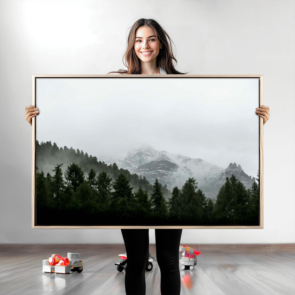 Misty Mountains Wall Art Canvas Print, Framed Foggy Forest Art, Snowy Peaks Landscape
