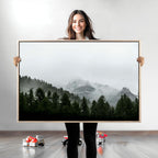 Misty Mountains Wall Art Canvas Print, Framed Foggy Forest Art, Snowy Peaks Landscape
