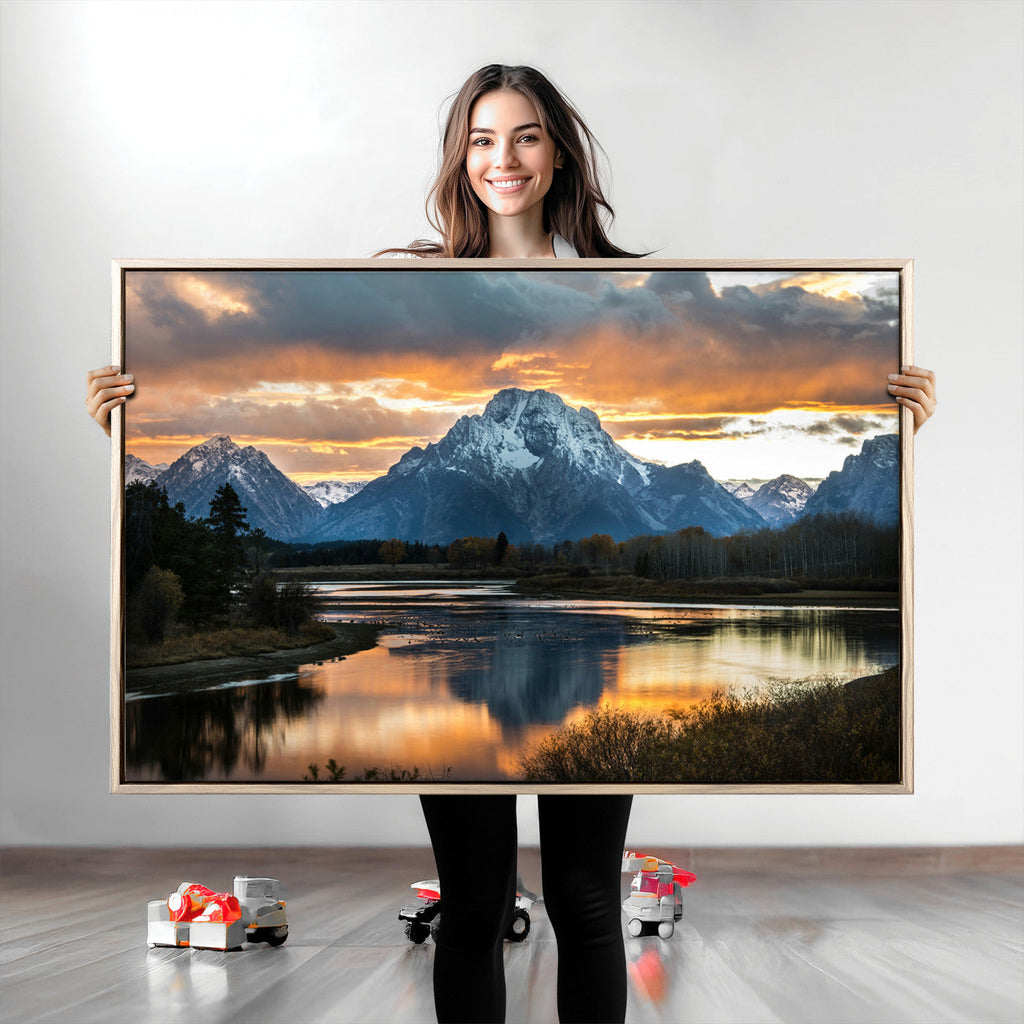 Mountain Sunset Wall Art Canvas Print, Framed Alpine Wilderness Art, Golden Hour Lake