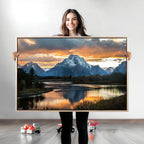 Mountain Sunset Wall Art Canvas Print, Framed Alpine Wilderness Art, Golden Hour Lake