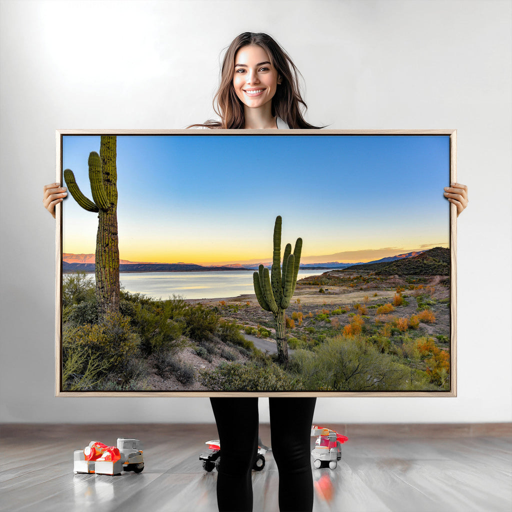 Saguaro Cactus Wall Art Canvas Print, Framed Desert Sunset Art, Southwestern Scene
