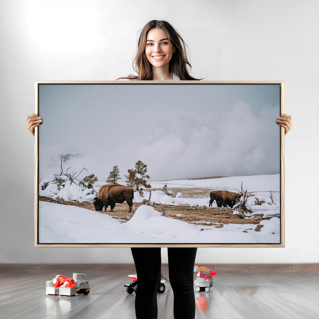 Bison Wildlife Wall Art Canvas Print, Framed Snowy Prairie Art, Western Landscape Decor