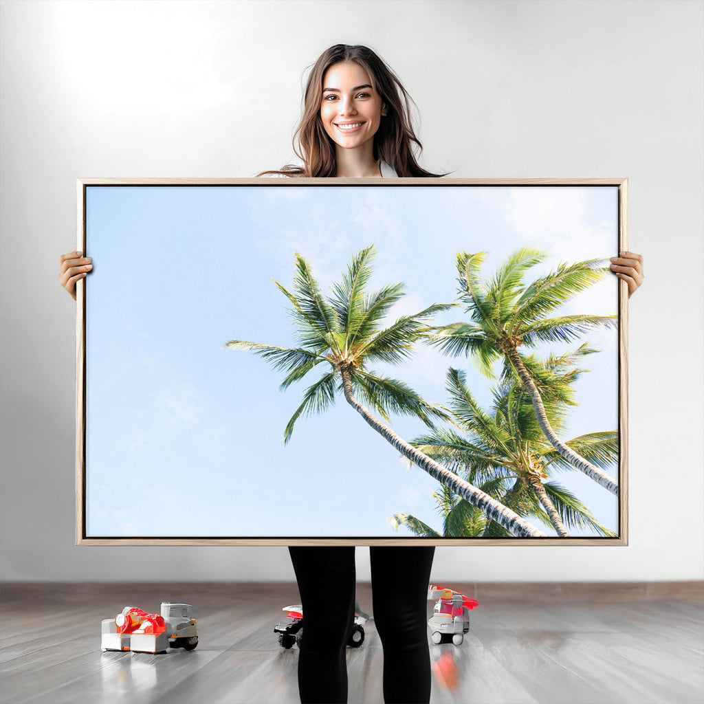 Palm Trees Wall Art Canvas Print, Framed Tropical Coastal Scene Under Blue Sky